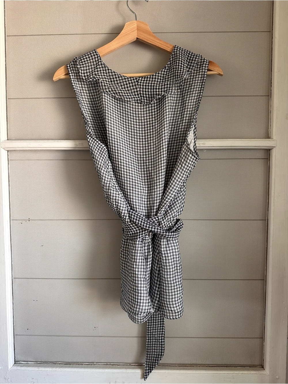 Max Studio Navy and White Gingham Ruffle Wrap Blouse - Picture 5 of 8